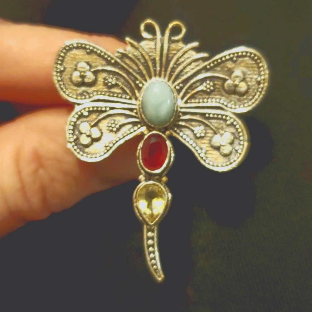 New Dragonfly Larimar, Garnet & Citrine 925 Silver Ring. - Picture 10 of 10